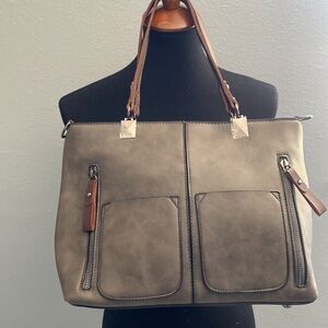 Greyish brown faux leather purse, brown handles